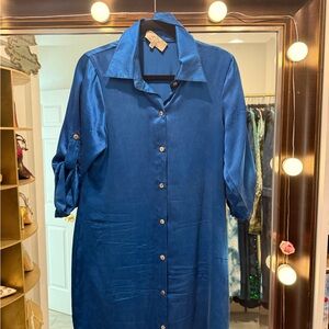 100% silk Blue Button-Up Shirt Dress